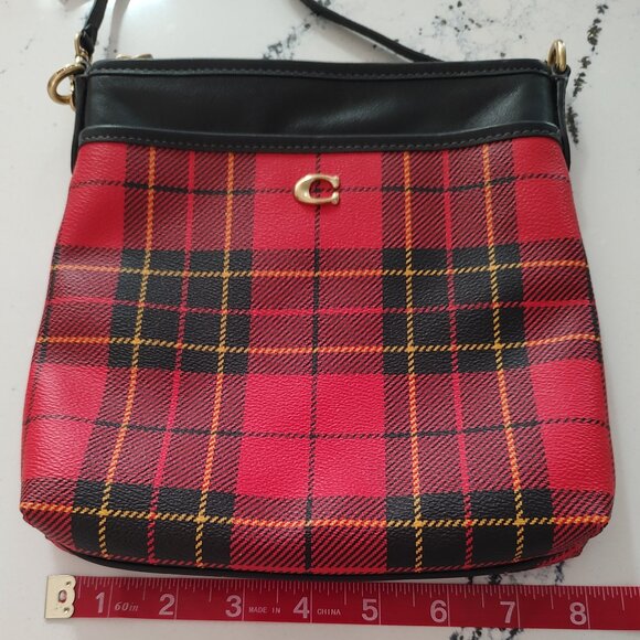 Coach Kitt Messenger Crossbody Bag Red/Black/Yellow Plaid - Picture 6 of 7